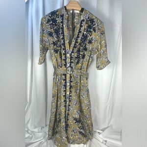 Floral V-Neck Button Down  Midi Dress in Tan w/Navy embroidered accents and belt